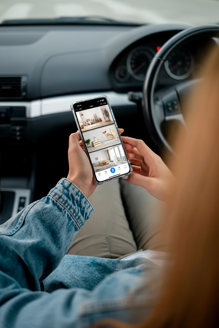 Femme dans sa voiture surveillant ses animaux via l'app